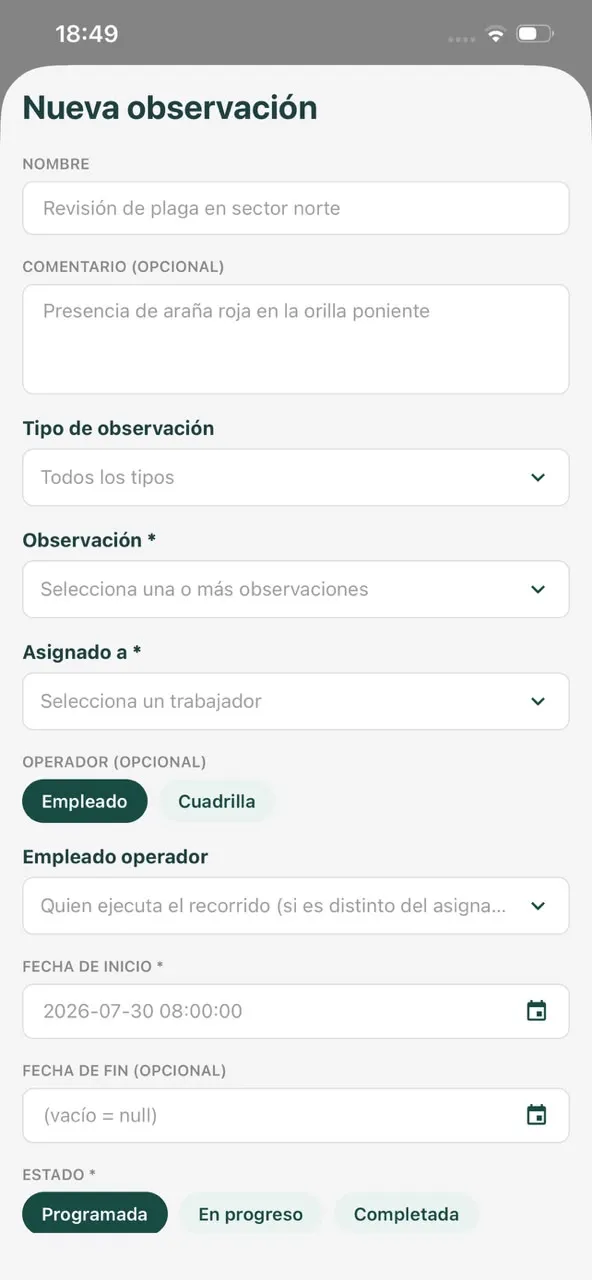 La app de Planner creando una observación y asignándola a un trabajador