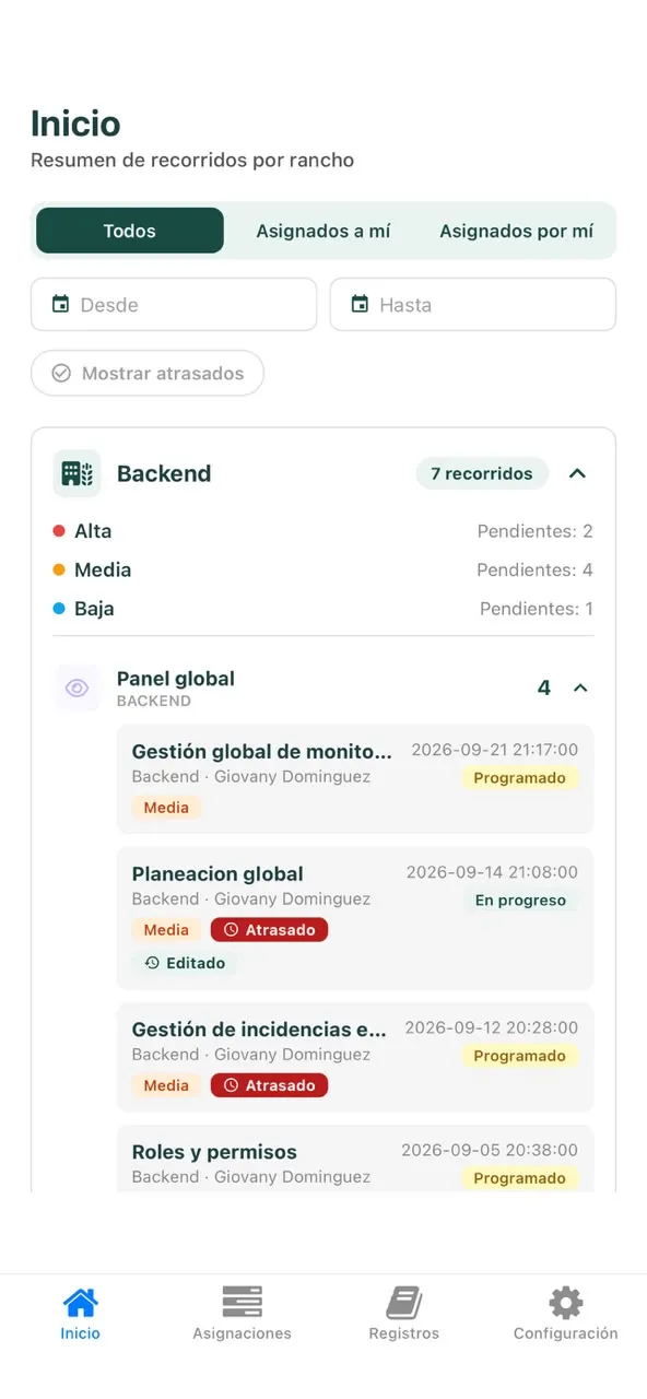 La app de Planner resumiendo los recorridos por rancho